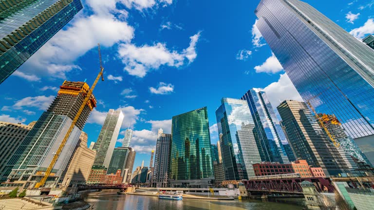 Time lapse of Chicago building beside street bridge and Chicago river at Michigan avenue in Chicago