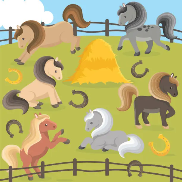 Vector illustration of Pretty ponies playing