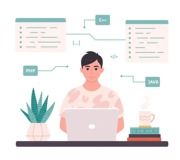 Vector illustration of Asian man working on laptop. IT developer. Programming code. Freelance, remote working, programming. Vector illustration in flat style