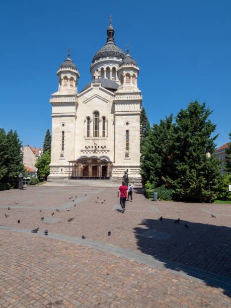 Holy Trinity Church, Sighisoara, Romania - May 3, 2024 - View of the Holy Trinity Romanian Orthodox Church from the top of Sighisoara's highest point, School Hill. The church, built from 1934 to 1937, was designed in the Neo-Byzantine style.