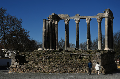 Evora, Portugal - January 04 : Tourists and locals seen enjoying the streets and cafes in Rome. Évora, the main city of Portugals Alentejo, has been named the European Capital of Culture 2027.