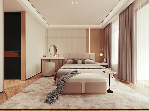 Digitally generated cozy and stylish French master bedroom interior design.\n\nThe scene was rendered with photorealistic shaders and lighting in Autodesk® 3ds Max 2022 with V-Ray 5 with some post-production added.