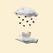 istock Contemporary art collage with hand holding a cup of coffee and rain of grains. 1454235353