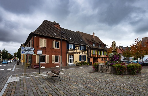 Wintzenheim, France, October 15, 2020: View of the this Alsatian village under cloudy autumn sky. Wintzenheim is located at the so called Alsatian Wine Route.