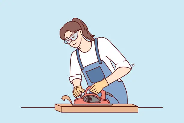 Vector illustration of Woman furniture maker uses jointer to process wooden planks needed to create furniture. Vector image