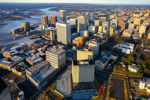 Richmond, United States – December 31, 2022: An aerial view of downtown by James River