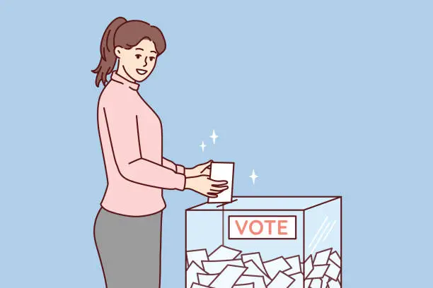 Vector illustration of Woman throws ballot into box casting vote for presidential or congressional candidate. Vector image