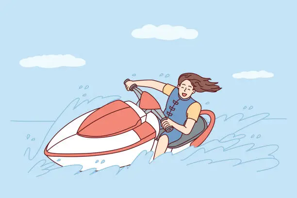 Vector illustration of Happy woman with flowing hair rides jet ski on sea during summer trip to hot islands. Vector image