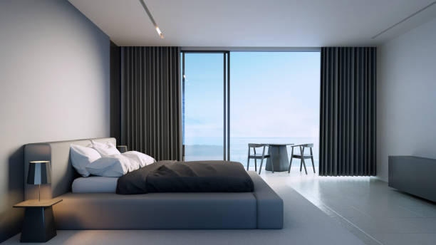 dormitorio negro de lujo vista mar - renderizado 3d - colchones para casas en la playa fotografías e imágenes de stock