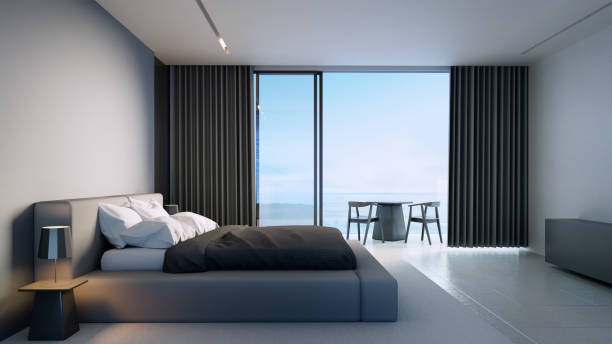 istock luxury black bedroom sea view - 3D rendering 1454240791