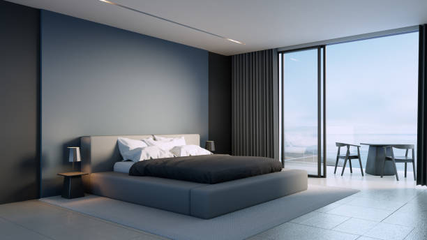 istock luxury black bedroom sea view - 3D rendering 1454240795