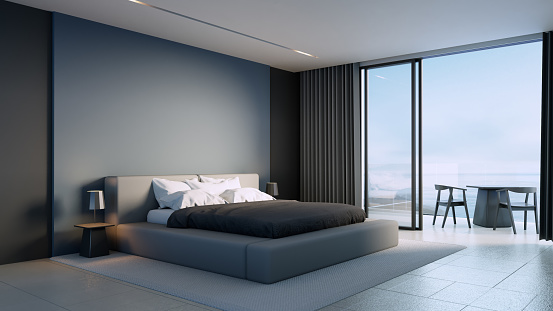luxury black bedroom sea view - 3D rendering