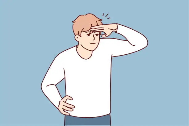 Vector illustration of Young man raises hand to forehead to see distant object or protect eyes from sun rays. Vector image