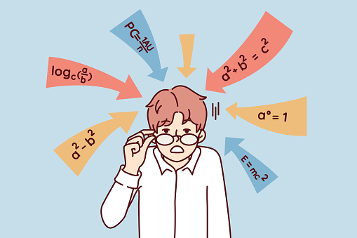Dumbfounded guy touches glasses after seeing math formulas given in school or college and requiring solution. Examples from algebra around shocked student standing in white shirt. Flat vector image