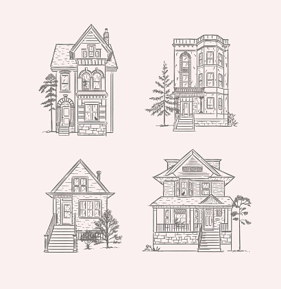 Set of victorian houses drawing in old fashioned vintage style on light background.
