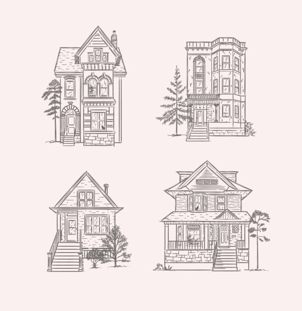 House victorian vintage style light Set of victorian houses drawing in old fashioned vintage style on light background. victorian house stock illustrations