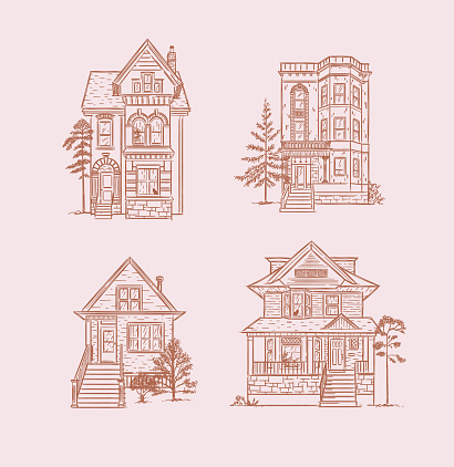 Set of victorian houses drawing in old fashioned vintage style on pink background.