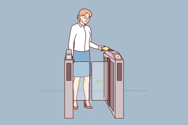 Vector illustration of Business woman applying pass to go through turnstile at entrance to office. Vector image