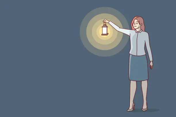 Vector illustration of Woman stands holding out hand with vintage oil lantern to illuminate dark room. Vector image