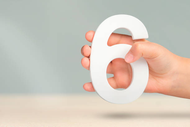 istock Number six in hand. Hand holding white number 6 on blurred background with copy space. Concept with number six. Birthday 6 years, sixth grade. 1454243451