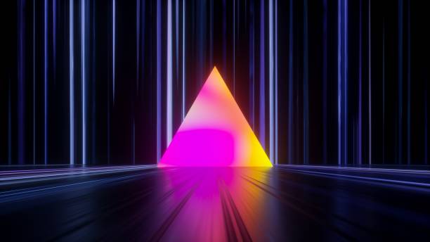 istock 3d render, abstract neon background with colorful triangle shape in the dark room with floor reflection 1454243552