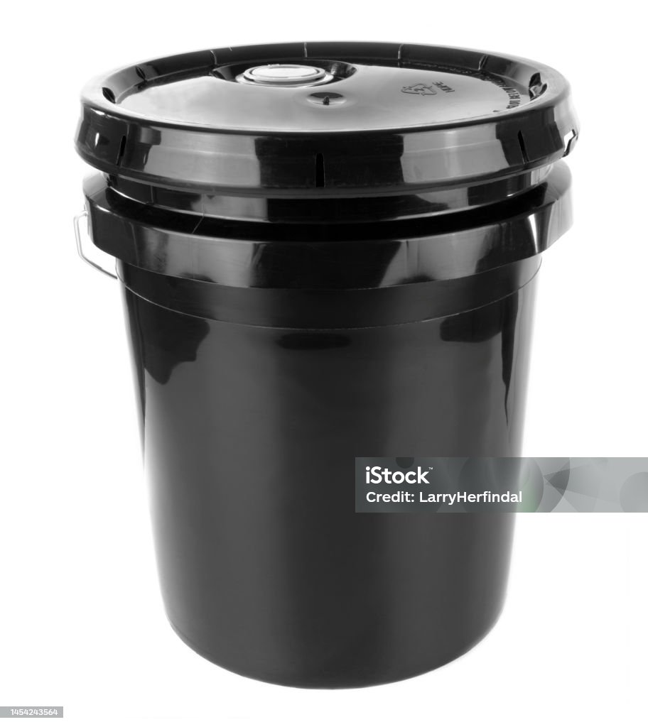 Black 5 Gallon Pail on White Background Black 5 gallon pail isolated on a white background.  Good for product shots.  Bucket. Bucket Stock Photo