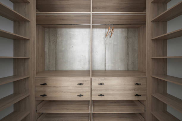 istock Empty contemporary wooden wardrobe design with concrete wall 1454243758