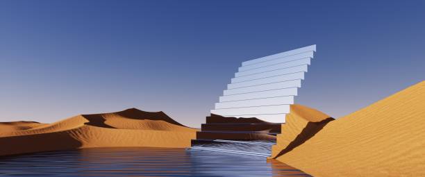 istock 3d render. Abstract surreal background. Desert landscape with sand dunes and mirror stairs under the clear blue sky. Panoramic fantastic wallpaper 1454245058