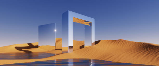 istock 3d rendering. Abstract fantastic background. Desert scenery. Panoramic landscape with sand dunes, water and geometric mirror shapes, square metallic arches under the clear blue sky. Minimal wallpaper 1454245066