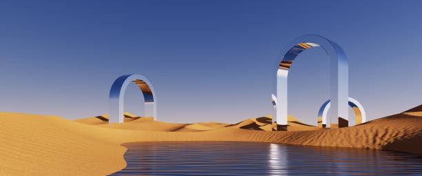 istock 3d rendering. Abstract surreal background. Desert landscape with sand dunes and mirror arches under the clear blue sky. Panoramic fantastic wallpaper 1454245072