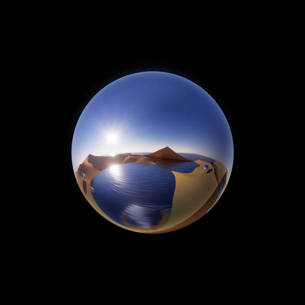 3d render, round fish eye lens effect, desert sand dunes reflecting in the metallic ball, isolated on black background. Spherical landscape panorama.