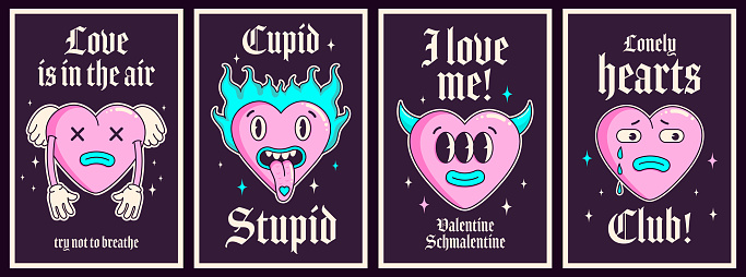 Groovy y2k anti valentines day conception poster with goth slogan.Trendy gothic emo style 2000s. Happy Valentines day greeting card. Sad background. Creepy weird teen Valentine's day concept. Retro