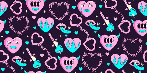 Vector illustration of Y2k neon seamless pattern of funny cartoon hearts and elements. In psychedelic weird style. Vector hand drawn background. Trendy neon 2000s style. Anti valentines day conception. Pink, blue color.