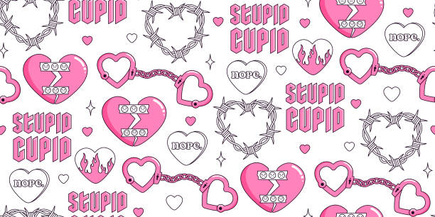 Y2k Pink Semless Pattern Barbed Wire Heart Handcuffs Tattoo And