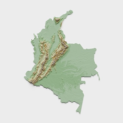 3D render of a topographic map of Colombia. All source data is in the public domain. SRTM data courtesy of the U.S. Geological Survey.