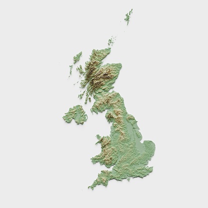 3D render of a topographic map of United Kingdom (UK). All source data is in the public domain. SRTM data courtesy of the U.S. Geological Survey.