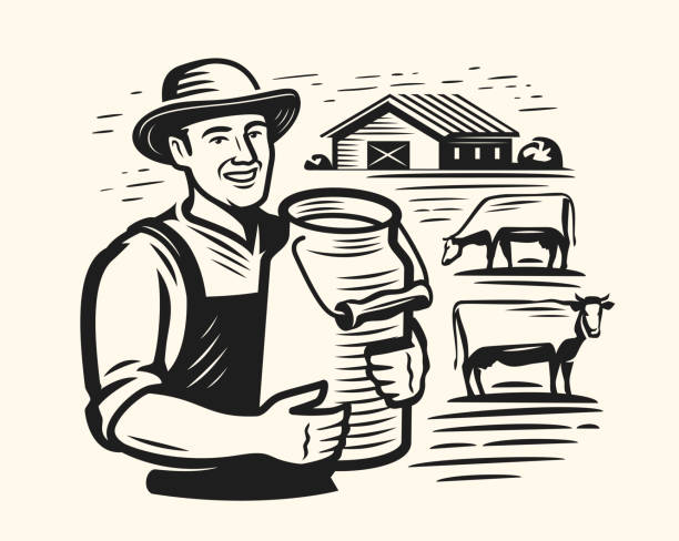 glücklicher bauer mit milchdosen, in der nähe von weidekühen und kuhställen. milchprodukte, landwirtschaftliche lebensmittel und getränke emblem. vektorillustration - milkman stock-grafiken, -clipart, -cartoons und -symbole