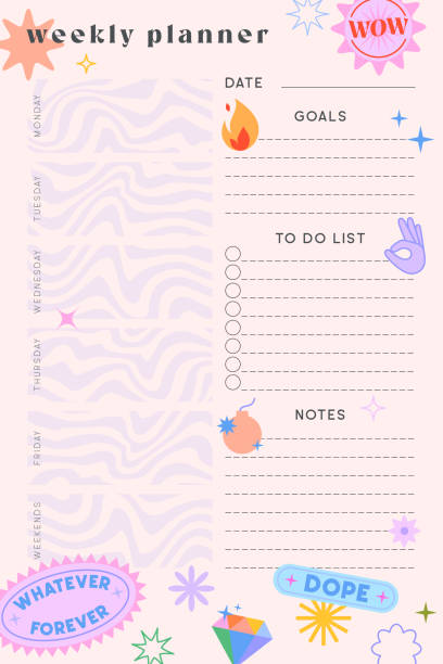 Vector weekly planner template with y2k patches,icons and emblems Vector weekly planner template with y2k patches,icons and emblems.Organizer and schedule with place for notes,goals and to do list.Trendy layout in 90s groovy aesthetic.Abstract modern design. weekly planner icon stock illustrations