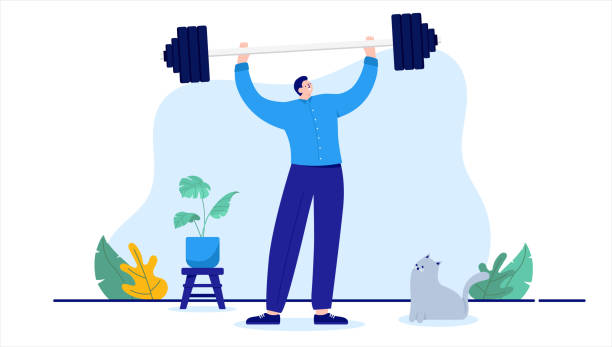 Strong man lifting weight Vector illustration of regular person in casual clothes lifting weight and being strong. Flat design vector illustration with white background cartoon muscular man lifting heavy weights stock illustrations