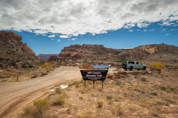 istock Road, sign and vehicle in wilderness park 1454250346
