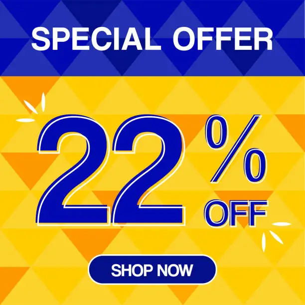 Vector illustration of 22% Percent Discoint Special Offer Tag Oranje and Blue Background Shop Now