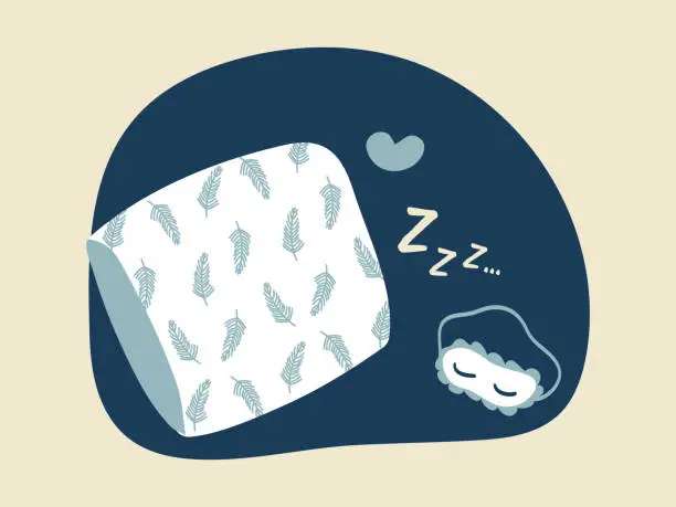 Vector illustration of Sleep and rest illustration. White pillow with feather patterns, sleep mask on a blue background. Sleep sound and heart.