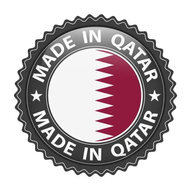 Vector illustration of Made in Qatar badge vector. Sticker with stars and national flag. Sign isolated on white background.