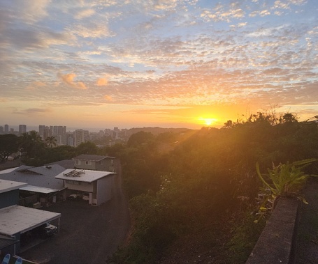 Sunset over the city of Waikiki Honolulu Hawaii