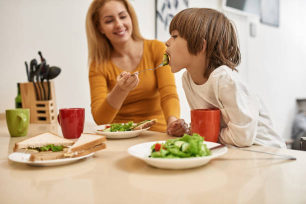 istock Blurred mother feeding little boy with salad 1454252962