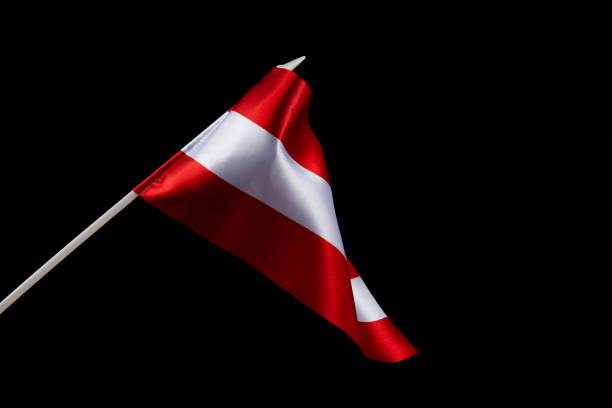 istock The Latvian flag on a black background is developing and flying in the wind 1454254948