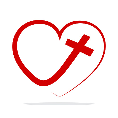 Christian cross icon in heart shape. Isolated religion symbol. Vector illustration. Love concept