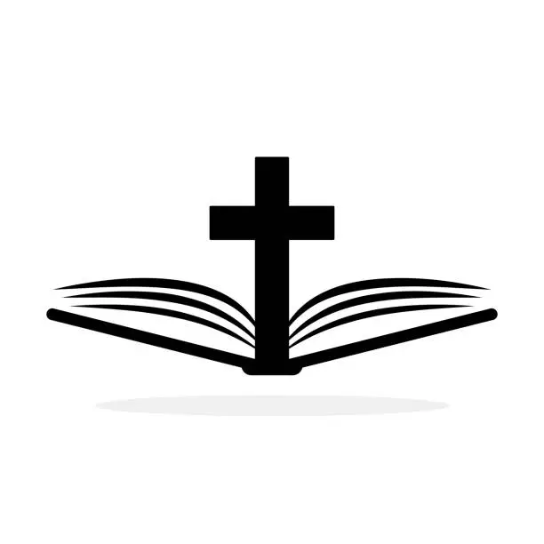 Vector illustration of Church logo. Bible with christian cross. Abstract religion symbol.