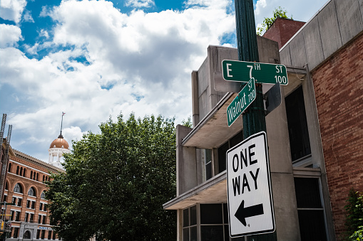 Chattanooga, Tennessee USA - May 13, 2022: Street sign cityscape in the City Center in the downtown district