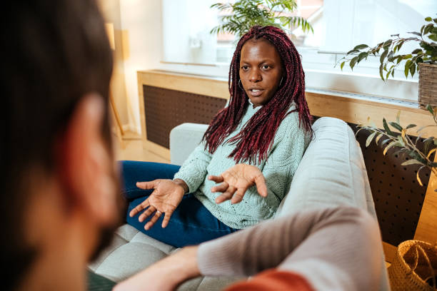 istock Couple arguing at psychotherapist session 1454257508